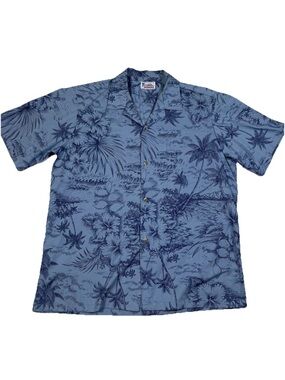 Vintage Hawaiian Aloha Shirt Mens L Blue Floral Hibiscus Made in‎ Hawaii